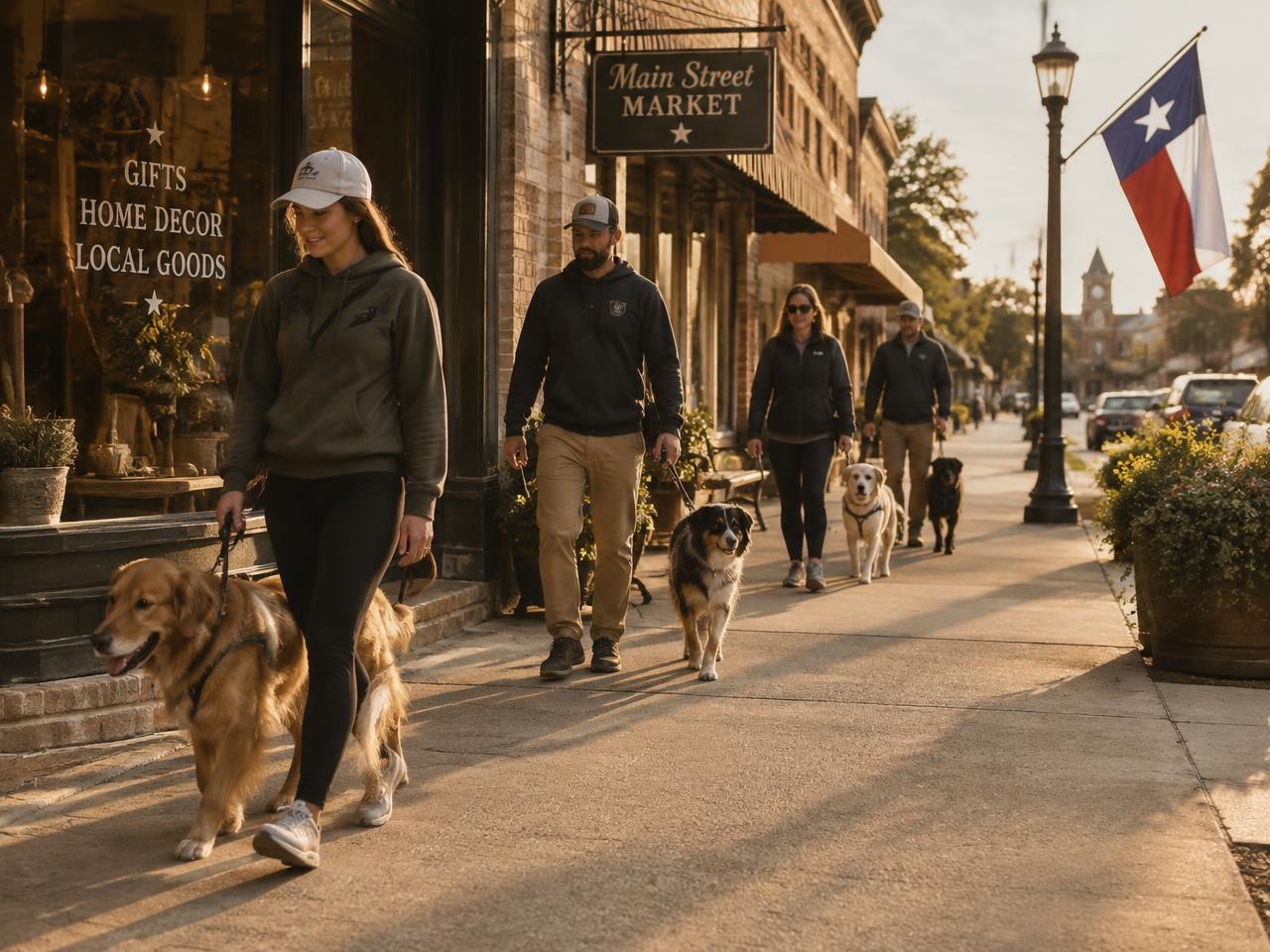 Handlers walking calm dogs on leashes past small-town storefronts
