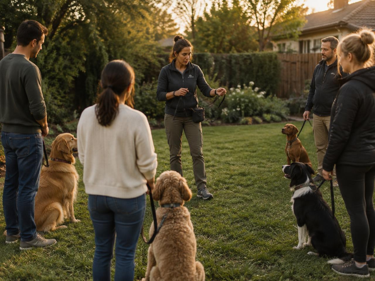 A trainer demonstrating leash handling to a circle of neighbors and their dogs on a lawn