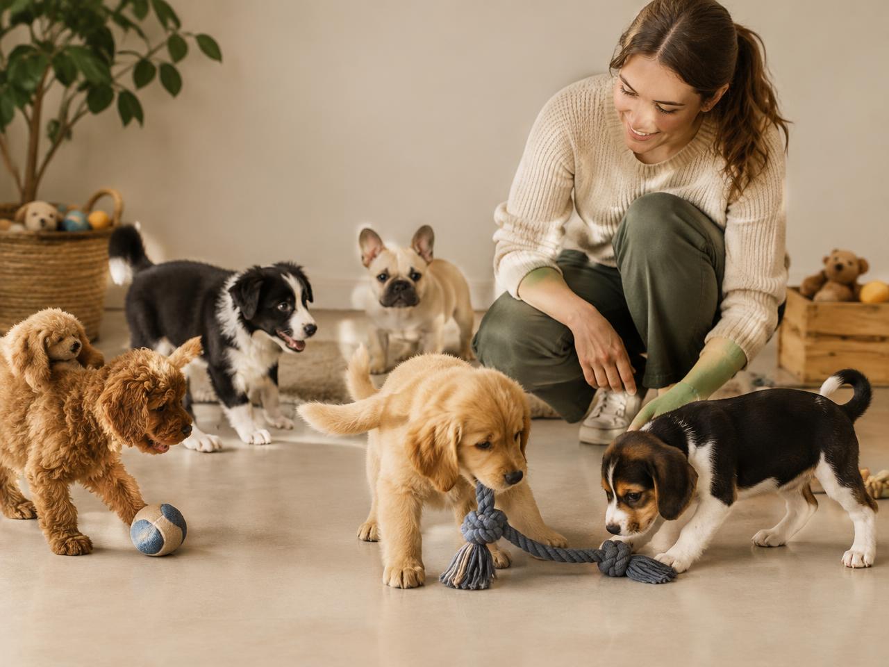 A group of young puppies playing gently under a trainer's supervision
