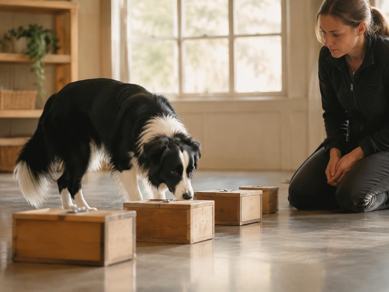 A Border Collie searching wooden boxes for hidden odor during a scent work session