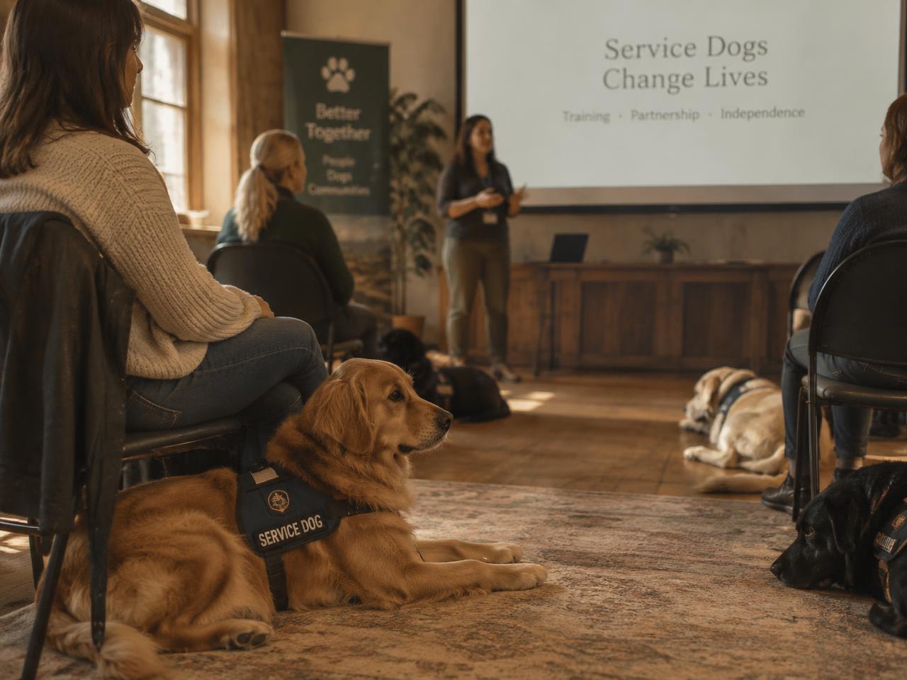 A golden retriever in a service dog vest resting at its handler's feet during a seminar
