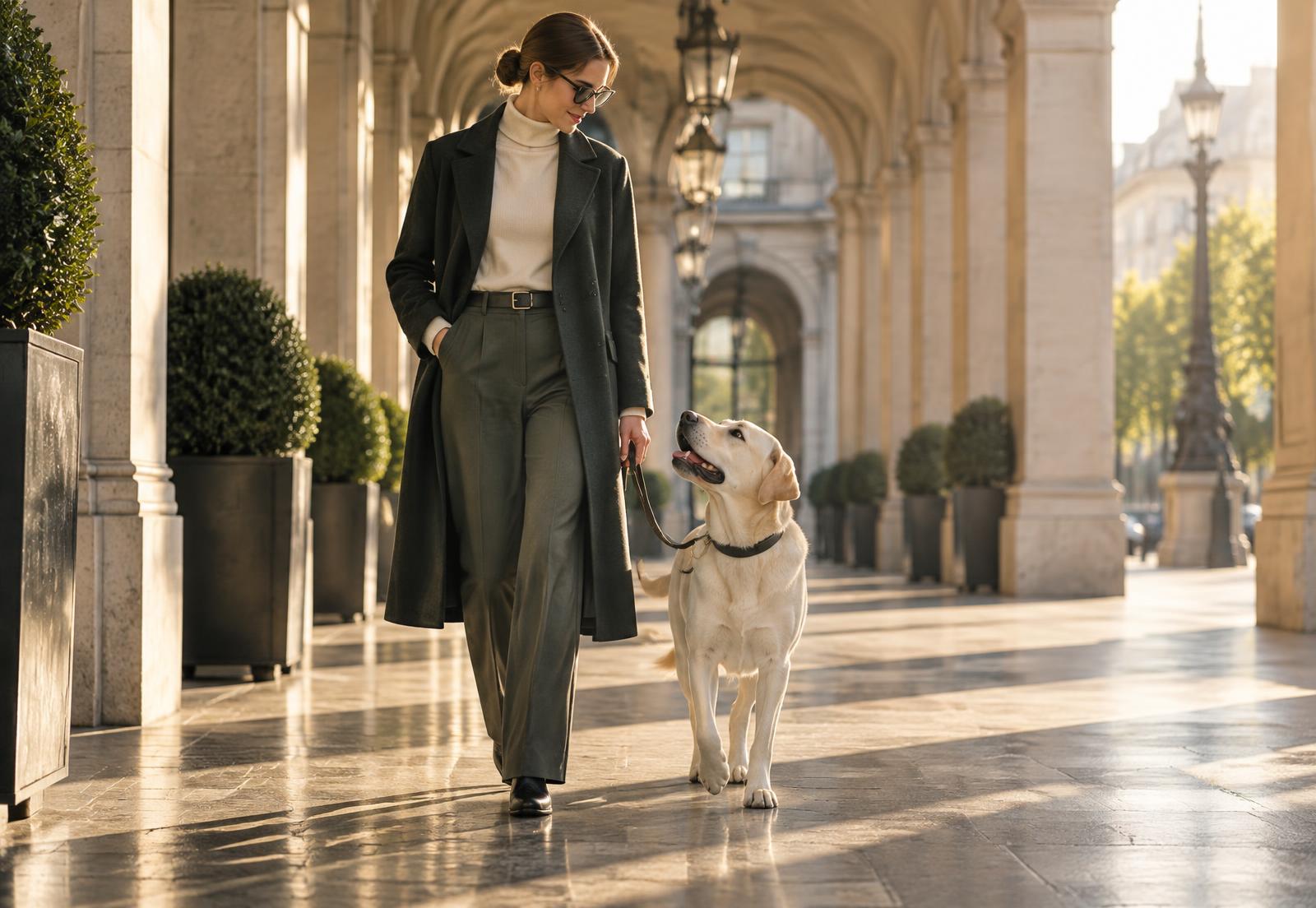 A Labrador walking calmly at heel with its trainer